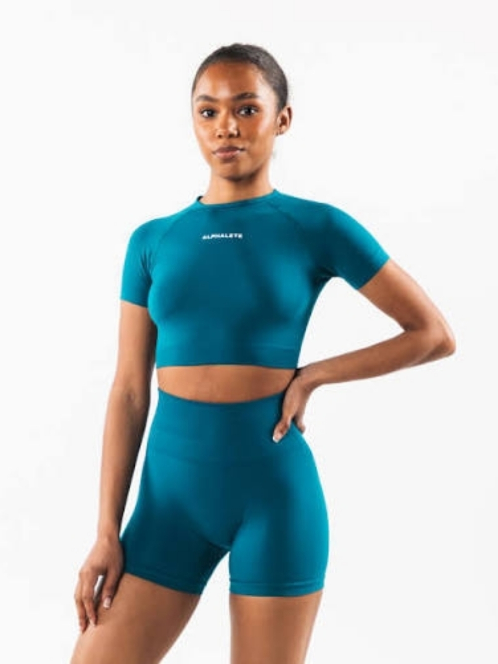 Alphalete Blue Seamless Contour Crop Top Short Sleeve Athletic Gym Shirt XS